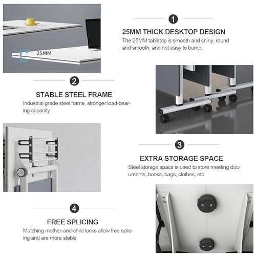 4PCS Folding Conference Table, Modern Mobile Meeting Table with Silent Wheels 63" D X 23.6" W X 29.5" H Wood Training Table for Office Reception Classroom Training JNMDLAKO