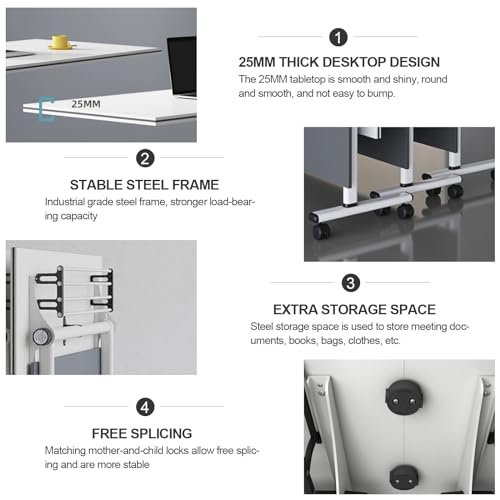 4PCS Folding Conference Table, Modern Mobile Meeting Table with Silent Wheels 63" D X 23.6" W X 29.5" H Wood Training Table for Office Reception Classroom Training