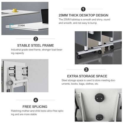 4PCS Folding Conference Table, Modern Mobile Meeting Table with Silent Wheels 63" D X 23.6" W X 29.5" H Wood Training Table for Office Reception Classroom Training