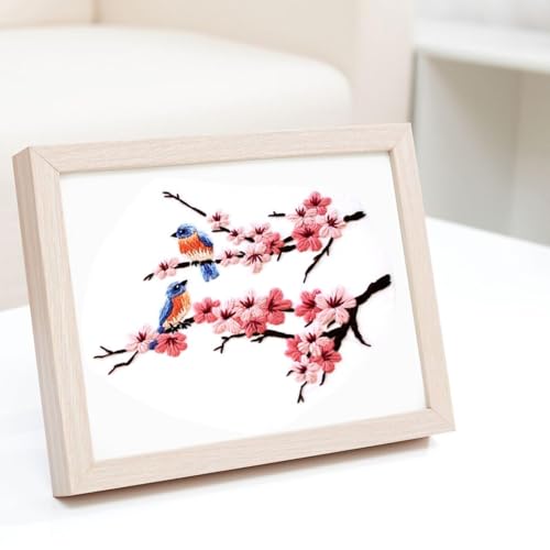 Biweutydys Needlepoint Kits for Adults Birds on Cherry Blossom Branches Pattern Cross Stitch Kits Cherry Blossom Flowers Hand Embroideried Kit with Embroidery Hoop and Instruction Mother's Day Gift