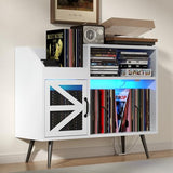 MULEJYBO Large White Record Player Stand with Magnetic Door,350 Vinyl Record Storage Cabinet, Record Player Table with Power Outlet & LED Light,Turntable Stand with Wood Legs for Living Room,Office MULEJYBO