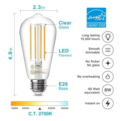 TJOY 12 Pack Vintage 8W ST58 LED Edison Light Bulbs, Dimmable, 60W Equivalent, 800Lumens, 2700K Warm White, E26 Base LED Filament Bulb, CRI80+, Antique Glass Style for Home, Bedroom, Office, Farmhouse