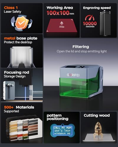 Gorifei F1 5000mW Laser Engraver Machine, Portable & Smart with Display Screen, Wireless/SD Card/Offline Engraving, Deeplaser Self Developed System for Wood, Acrylic, Leather, Laser Class 1 GORIFEI