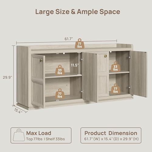 SICOTAS 4-Door Buffet Cabinet for Living Room - 61.7" Extra Long Sideboard with Storage & Adjustable Shelves Modern Credenza Accent Coffee Bar Storage Cabinet for Kitchen, Hallway, White Oak, 1 PCS SICOTAS
