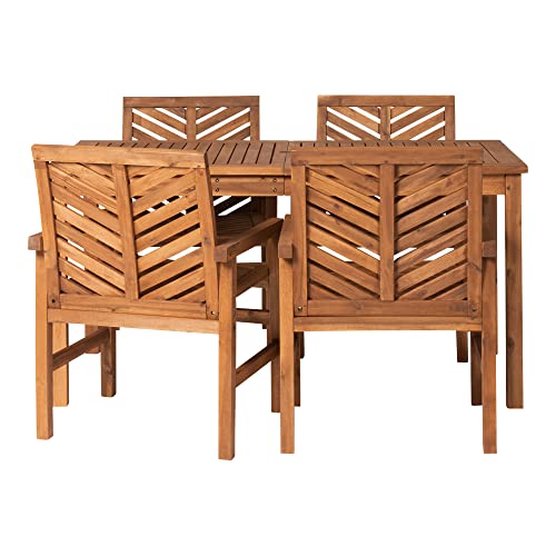 Walker Edison 4 Person Outdoor Wood Chevron Patio Furniture Dining Set Table Chairs All Weather Backyard Conversation Garden Poolside Balcony, 5 Piece, Brown Walker Edison