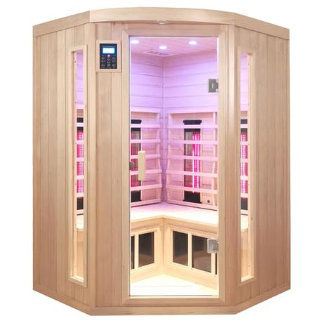 KUNSANA Infrared Saunas 2-3 Person, Ceramic Infrared Sauna for Home, Low EMF Indoor Home Sauna Spa, Ultra Large Size Corner Sauna, Hemlock Wood Sauna Room, Bluetooth Speakers, Chromotherapy Lights KUNSANA