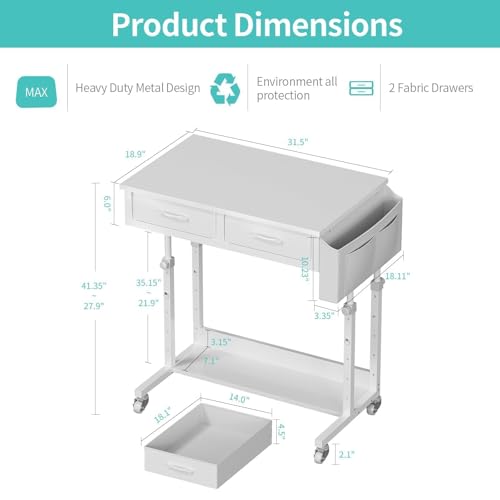 WINAZ Small White Portable Adjustable Rolling Kids Desk with Drawers & Storage Shelf, 32 Inch Mobile Standing Vanity Desks with Wheels, Couch Sofa Side Laptop Craft Table for Bedroom Home Office WINAZ