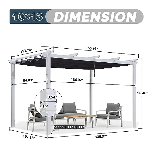 PURPLE LEAF 10' x 13' Outdoor Retractable Pergola Heavy-Duty Aluminum White Pergola with Sun Shade Canopy Patio Modern Shelter for Garden Yard Deck Grape Trellis, Navy Blue - WoodArtSupply