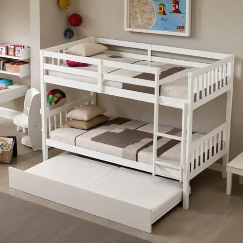 PVWIIK Twin Over Twin Bunk Bed with Trundle and Convertible to Two Beds,Wood Bed Frame w/Safety Guardrail for Dorm,Bedroom,Guest Room,No Box Spring Needed,White PVWIIK