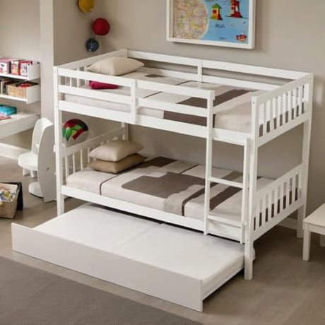 PVWIIK Twin Over Twin Bunk Bed with Trundle and Convertible to Two Beds,Wood Bed Frame w/Safety Guardrail for Dorm,Bedroom,Guest Room,No Box Spring Needed,White PVWIIK