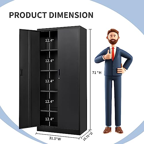 YEEZER Metal Storage Cabinet 71” with 2 Doors and 4 Adjustable Shelves, Garage Steel Locking Cabinet, Tall Cabinets Lockable File Cabinet for Home, Office, Garage, Gym, School. (Black) YEEZER