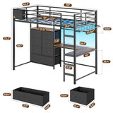 DICTAC Twin Loft Bed with L-Shaped Desk and 7 Storage Drawers,Metal Twin Size Loft Bed for Kids with LED Lights and Charging Station,13.11" H Safety Guardrail and Ladder,No Box Spring Needed, Black DICTAC