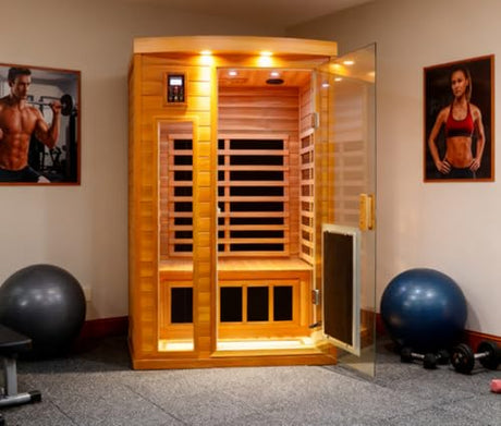2 Person Low EMF Infrared Sauna for Home, Red Cedar Wood Far Infrared Saunas, 1750watt Indoor Personal Sauna Room with Door Heating Panels, Blue-tooth, 7-Color Chromotherapy Lights, 2 Outdoor Lamps Kanlanth