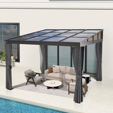 QZEN 10' x 10' Hardtop Lean to Gazebo, Wall Mounted Gazebo with Sloping Polycarbonate Roof and Netting & Curtain, Aluminum Frame Gazebo for Garden, Lawn, Backyard Deck (10’x10’) QZEN