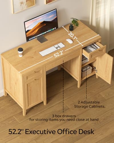 MoomJiee 52" Executive Desk with Storage Drawer, Farmhouse Home Office Desk with Storage Cabinet Wood Computer Writing Desk for Study Office, Natural Oak MoomJiee