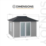 Sunjoy Office Shed for Outdoor, Tiny House 10'x12.6' She Shed, Backyard Office, Multipurpose Outdoor Room, Home Gym with Floor, 2 Windows and Lockable Doors