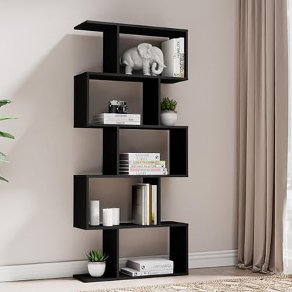 S-Shaped Black Geometric 5-Tier Bookcase – Modern Room Divider & Organiser - WoodArtSupply