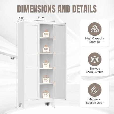 Yizosh Metal Pantry Cabinet, 75" Kitchen Pantry with 2 Door and 4 Adjustable Shelves,White Metal Pantry Storage Cabinet,Cupboard for Kitchen,Dining Room,Living Room and Bathroom Yizosh