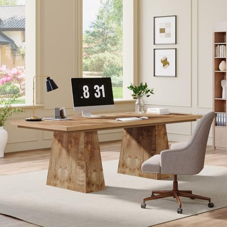 Tribesigns 63-Inch Executive Desk, Large Office Computer Desk with Double Pedestal, Modern Simple Workstations Writing Table Conference Table Business Furniture for Home Office, Natural Tribesigns