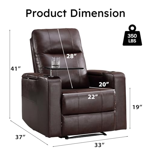 ANJ Home Theater Seating Power Recliner with Hidden Arm Storage, Single Faux Leather Recliners with Tray Table, Electric Movie Reclining Chairs with USB Ports & Cup Holders for Media Room, Brown