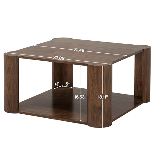 Tribesigns Modern Square Coffee Table, 33.85-Inch Coffee Table with 2-Tier Shelves, Accent Center Table for Living Room, Lounge, Dark Walnut - WoodArtSupply