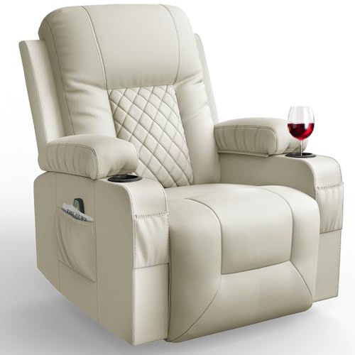 FURNIMAT Recliner Chairs for Adults, Massage Rocker with Heated Modern Ergonomic Lounge 360 Degree Swivel Single Sofa Seat Living Room Lounge Recliners Ivory White