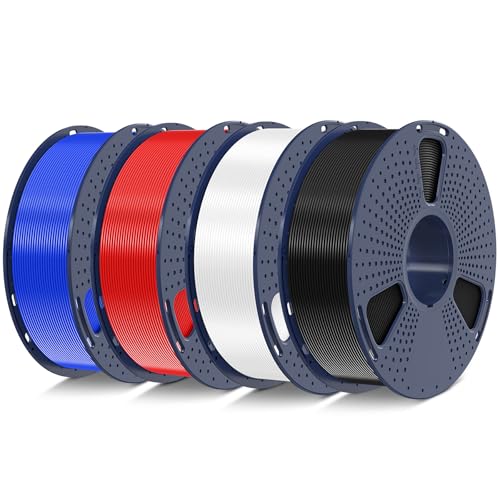 SUNLU PLA+2.0 3D Printer Filament Bundle, 4KG Upgrade PLA+ Filament 1.75mm, Tougher and Stronger, Dimensional Accuracy +/-0.02mm, 1KG per Spool, 4 Packs, 4KG Total, Black+White+Klein Blue+Red