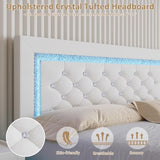 BarnFurin Floating Bed Frame with LED Lights, Upholstered Platform Bed with Diamond Tufted Headboard (White, Full) BarnFurin