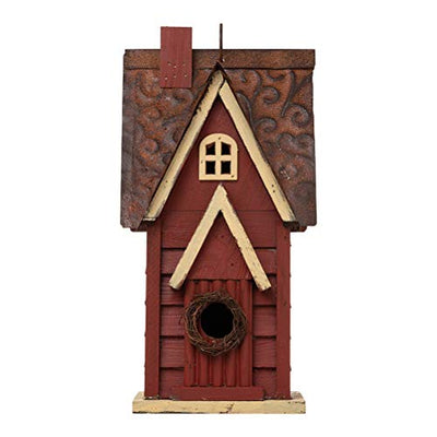 Glitzhome 12" H Distressed Red Cottage Solid Wood Birdhouse Hanging Bird House for Outdoors