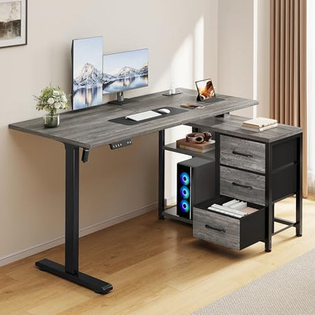 Homiflex 47 Inch L Shaped Standing Desk with 3 Drawers Electric Standing Desk with Storage Computer Desk Adjustable Height Desk with Power Outlets 4 Memory Presets for Home Office, Grey Homiflex