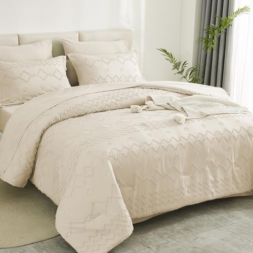 EMME Twin Comforter Set - 5 Pcs Beige Boho Bedding Sets, Tufted Comforter with Sheets, Shabby Chic Embroidery Twin Bed Set Fluffy Bed Bag for All Season(68"X90") EMME