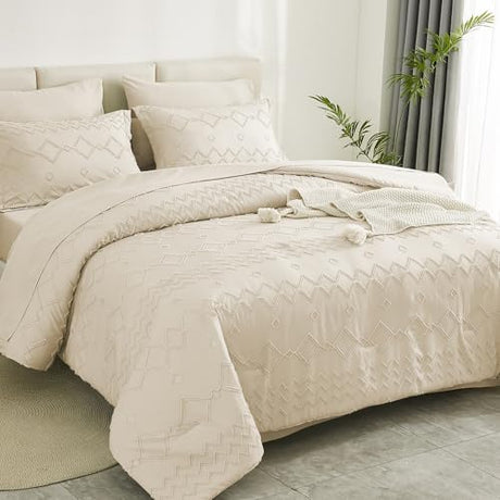 EMME Twin Comforter Set - 5 Pcs Beige Boho Bedding Sets, Tufted Comforter with Sheets, Shabby Chic Embroidery Twin Bed Set Fluffy Bed Bag for All Season(68"X90") EMME