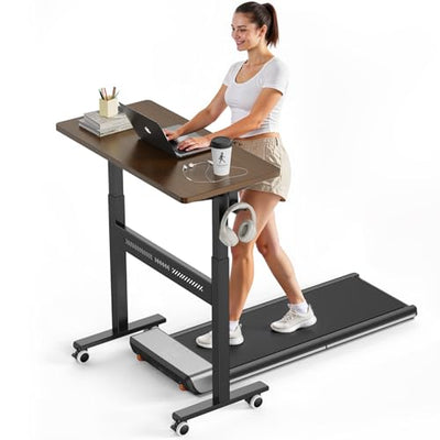 WALKINGDESK Mobile Walking Pad Desk with Wheels, Pneumatic Small Rolling Standing Desk Riser Height Adjustable (28-43.7") for Treadmill, Portable Computer Table for Home Office, Black Walnut