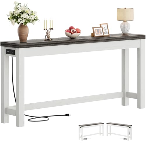 Cyclysio 63" Console Tables for Entryway, Long Console Tables for Living Room, Behind Couch Table, Sturdy Wood Support Farmhouse Entryway Table with 3AC+2USB Charging‌ Station, Oak Grey Cyclysio