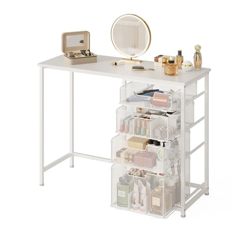 White Vanity Desk with 4 Large Drawers, 40“ Vanity Desk no Mirror, Small Makeup Vanity with Visual Large Capacity Iron Drawer with classification grid, Desks for Home Office Small Space with Storage Hcaauynk