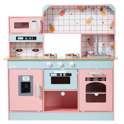 VEVOR Wooden Play Kitchen Toy, Play Kitchen for Kids with Lights and Sounds, Toddler Kitchen with Ice Maker, Oven, Sink, Microwaves, Fridge and Utensil and Fruit Accessory for Toddlers Ages 3-8, Pink