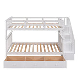 Merax Twin-Over-Twin Bunk Bed with Three Drawers, Soild Wood Stairway Bunk Bed with Storage and Guard Rail for Bedroom, Dorm, White Merax