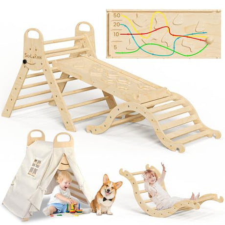 Sehloran Large Size 8 in 1 Pikler Triangle Set with Pinball Game and Tent for Kids, Foldable Toddler Climbing Toys Indoor, Natural Wooden Montessori Climbing Set Jungle Gym with Arch&Ramp&Ladder Sehloran