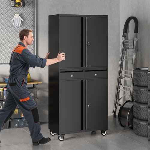 Metal Garage Storage Cabinet with 4 Wheels and 2 Drawers, 72" Heavy Duty Rolling Tool Storage Cabinet Organizer, Locking Doors and Adjustable Shelves for Garage, Workshop, Office, Warehouse PeacefulHues