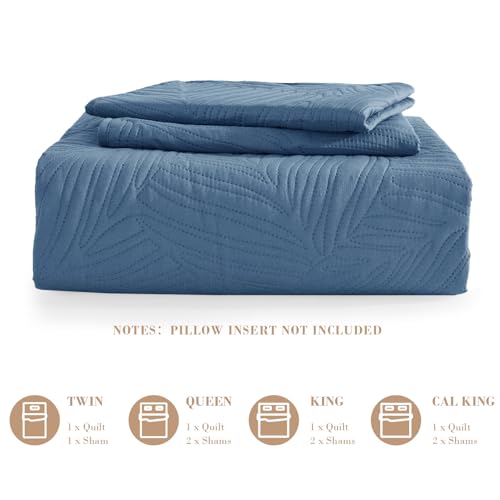 Exclusivo Mezcla King Size Quilt Bedding Set, Lightweight Bluish Grey Quilts King Size for All Seasons, Soft Microfiber Bedspreads Coverlets Bed Cover with Leaf Pattern, 3 Piece Exclusivo Mezcla