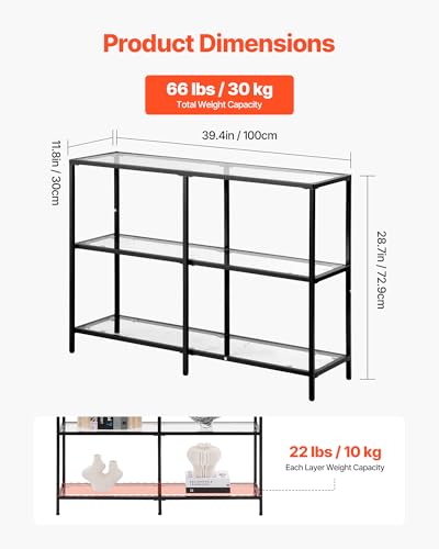 VEVOR 3-Tier Glass Console Table, Modern Rectangle Sofa Side Table with Tempered Glass Top and Iron Legs, Golden Consloe Desk with Anti-Tip Device for Living Room, Hallway, Entryway, Foyer, Black VEVOR