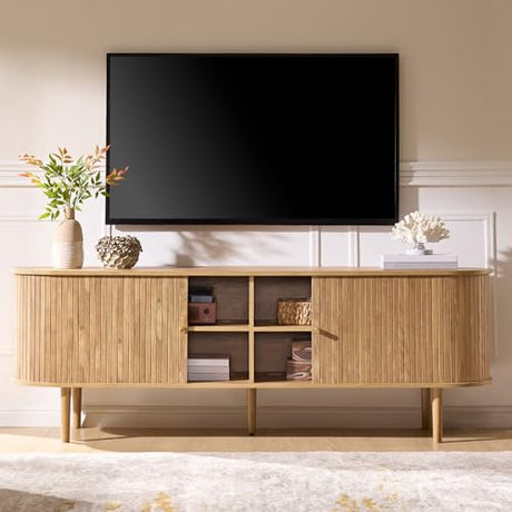 AMERLIFE 70" Mid-Century Modern TV Stand, TV Console Table for TVs up to 80 Inch, Fluted Wood Media Console with Storage, Solid Wood Legs, Natural Oak AMERLIFE