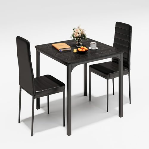 Gizoon Kitchen Table for 2, Table and Chairs Set of 2, 3 Piece Dinner Table Set with 2 Upholstered PU Leather Chairs for Dining Room, Living Room, Apartment, Small Space, Black Gizoon