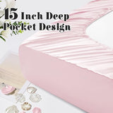 Homiest Ruffled Satin Sheets Queen Size 6pc Set - Blush Pink Bed Sheet Set with 15 Inch Deep Pocket Fitted Sheet, 1 Flat Sheet, 2 Ruffled Pillow Shams & 2 Pillowcases, Similar to Silk Sheets Homiest