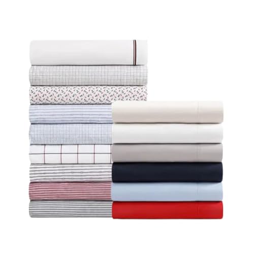Tommy Hilfiger - Sheet Set, Cotton Percale Bedding with Matching Pillowcases, Crisp & Cool, Solid Home Essentials (Red, Queen) Tommy Hilfiger