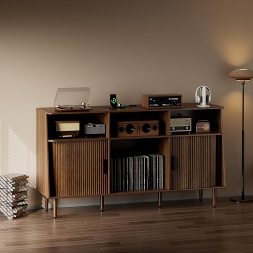 Record Player Stand with Vinyl Storage, Mid Century Modern Vinyl Storage Cabinet with Power Outlet and Sliding Doors, Turntable Stand Table Holds Up to 350 Albums for Living Room (walnut, 55.1"W) tauxkoi