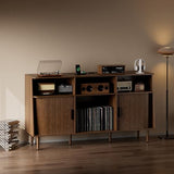 Record Player Stand with Vinyl Storage, Mid Century Modern Vinyl Storage Cabinet with Power Outlet and Sliding Doors, Turntable Stand Table Holds Up to 350 Albums for Living Room (walnut, 55.1"W) tauxkoi