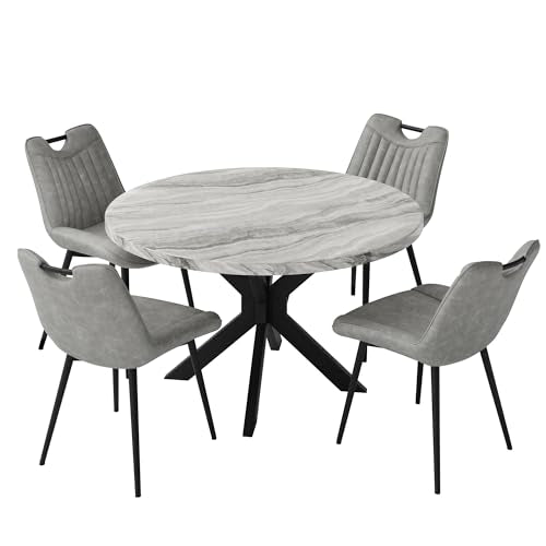 Jocisland 45" Marble Top Round Dining Table and Chairs for 4, Mid Century Modern Dining Room Table Set, Space Saving for Apartment Kitchen (Table + 4 Vertical-Stitching Grey Chairs) Jocisland