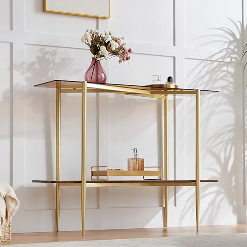 Pine Flicker Rectangle Glass Console Table, Mid-Century Modern Design, L41*W14*H32 inch, for Living Room, Amber Glass Top and Walnut Finish Wood Shelf, Conical Metal Legs with Gold Finish Pine Flicker