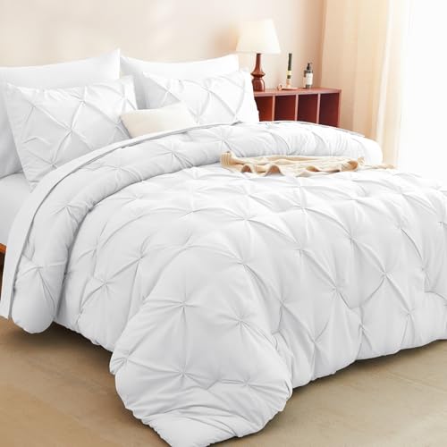 CozyLux Twin XL Comforter Set White, 5 Pieces Twin Extra Long Pintuck Bed in A Bag for College Dorm, Pinch Pleat Bedding Set with Comforter, Sheets, Pillowcase & Sham CozyLux